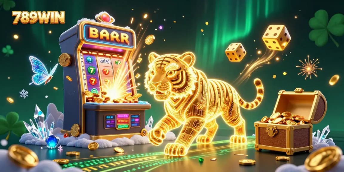 Experience the thrilling world of 789WIN with a dazzling digital casino landscape featuring a neon tiger and jackpot slots.