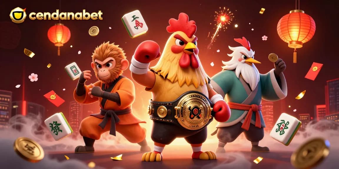 Cendanabet's vibrant illustration showcases a fierce Muay Thai rooster, a Shaolin monkey, and a wise crane in a dynamic gaming scene.
