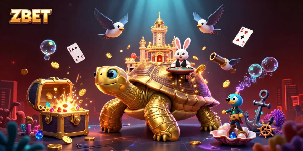 ZBET illustrates a vibrant casino scene with a golden tortoise carrying a casino, showcasing interactive gambling elements.