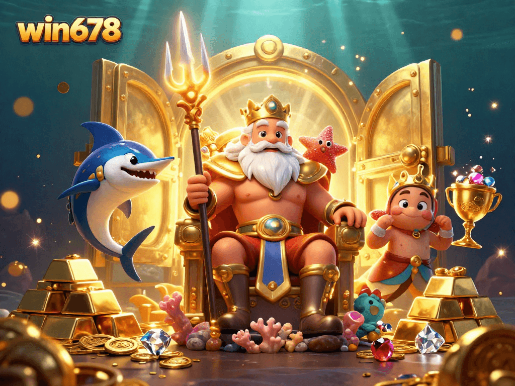 Experience thrilling gameplay at win678 with Neptune and treasure in a vibrant underwater casino scene.