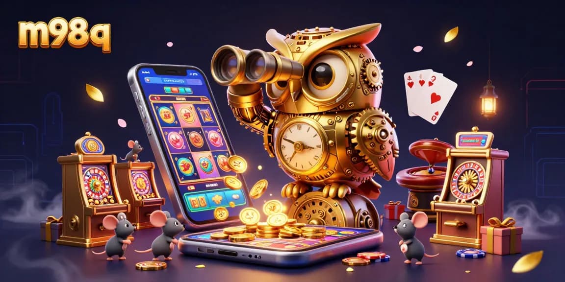 Engage with the m98 q slot game action, featuring a whimsical owl overseeing a bustling casino filled with vibrant elements.