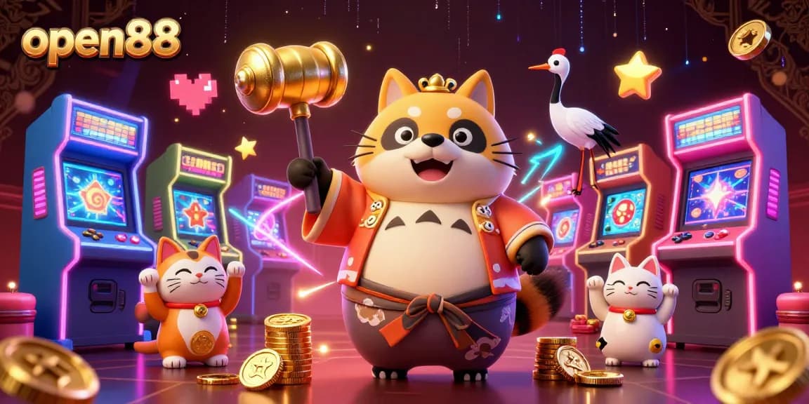 Join the fun with open88 featuring a cheerful tanuki and fortune cats enthralling players in a vibrant casino scene.