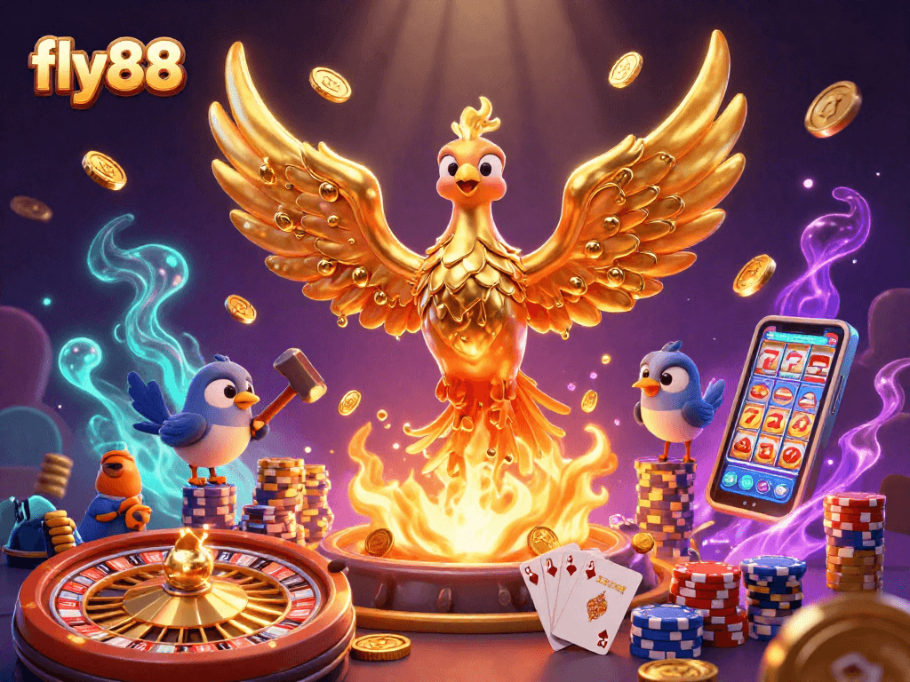 Experience the excitement at fly88 with a stunning 3D phoenix and dynamic casino elements.