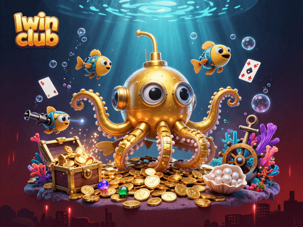 Iwin club presents a vibrant 3D underwater casino scene filled with treasure and excitement.