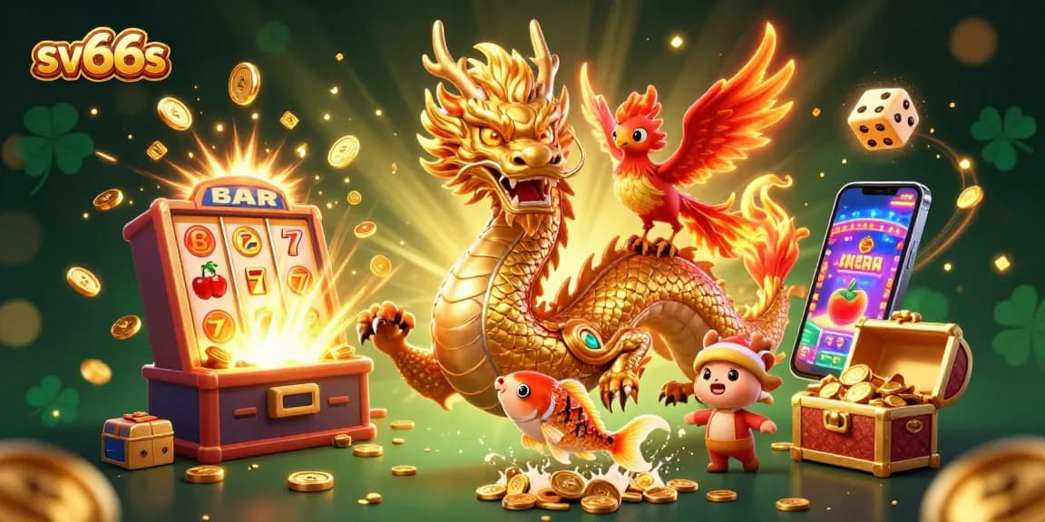Engage in exciting gameplay with sv66s, featuring a golden dragon, jackpot slots, and vibrant casino elements.