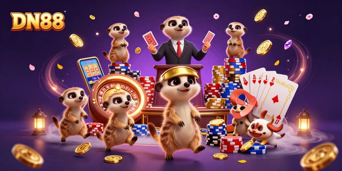 Experience the thrill of gaming at DN88 with a lively meerkat casino scene showcasing excitement and vibrant action.