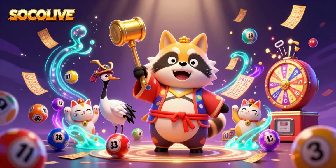 SOCOLIVE welcomes players with a vibrant scene of a cheerful tanuki, lottery elements, and exciting casino atmosphere.