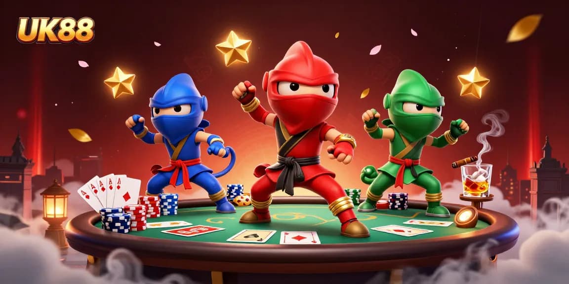 UK88 showcases colorful ninja chameleons amid thrilling poker action, enhancing the casino atmosphere.