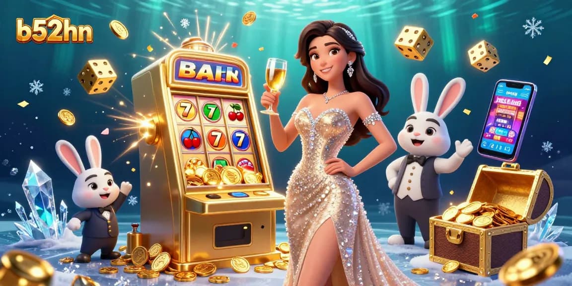 Experience thrilling gameplay at b52hn with a stunning jackpot scene featuring a glamorous woman, golden coins, and gaming magic.