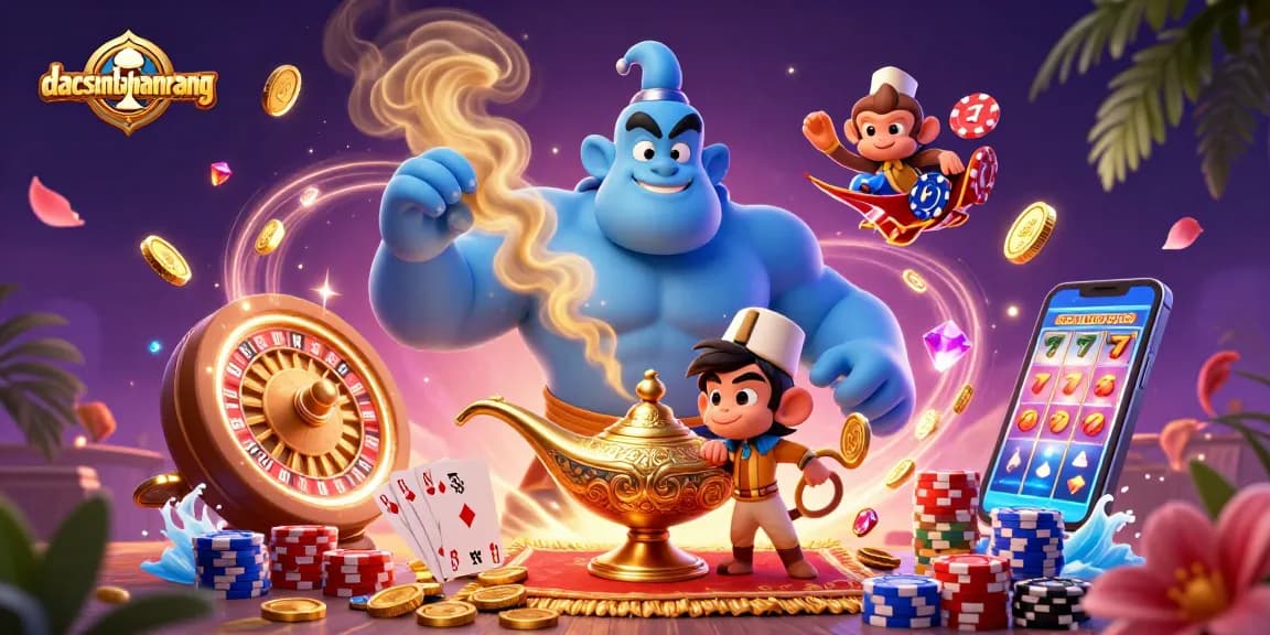Win big at dacsandatphanrang with a magical casino scene featuring a genie, a monkey, and dynamic gaming elements.