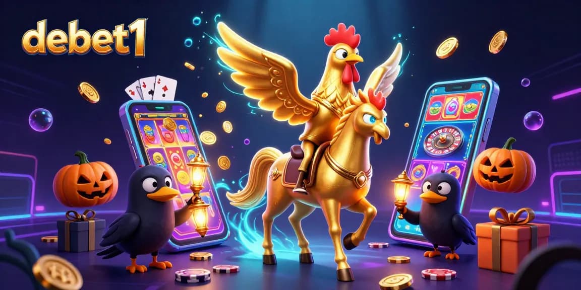 Experience the magic of debet1 featuring a golden rooster and casino elements in an animated scene.