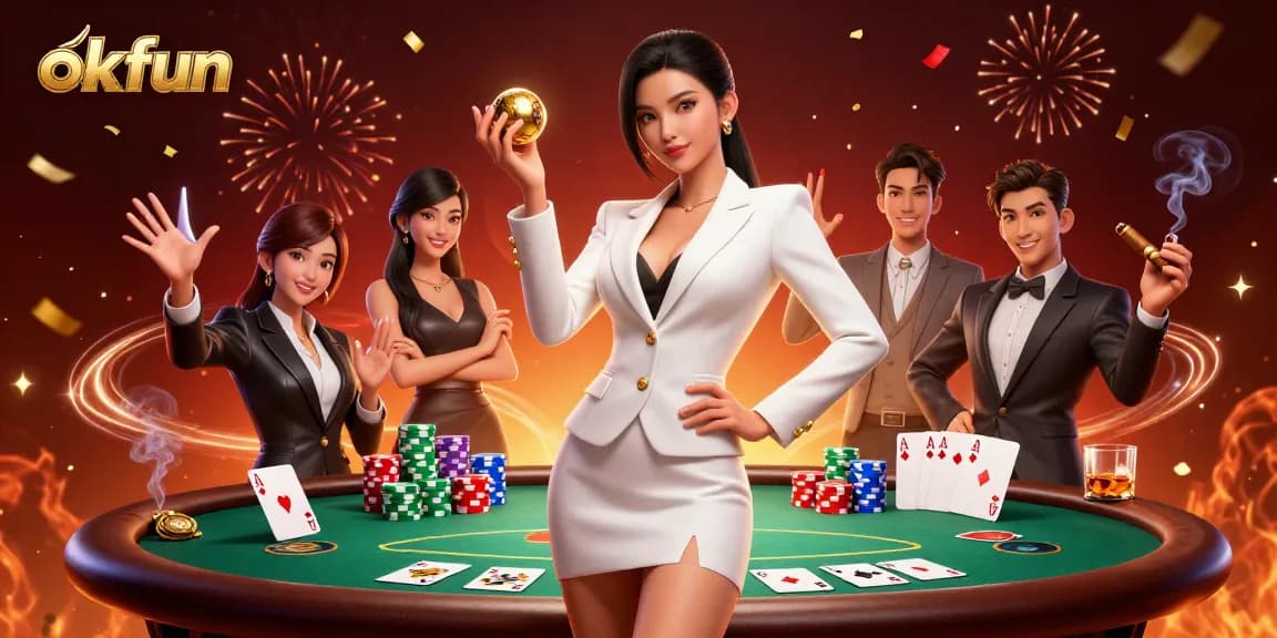 Engage in thrilling gameplay with okfun’s vibrant casino scene featuring a confident Asian woman and poker elements.