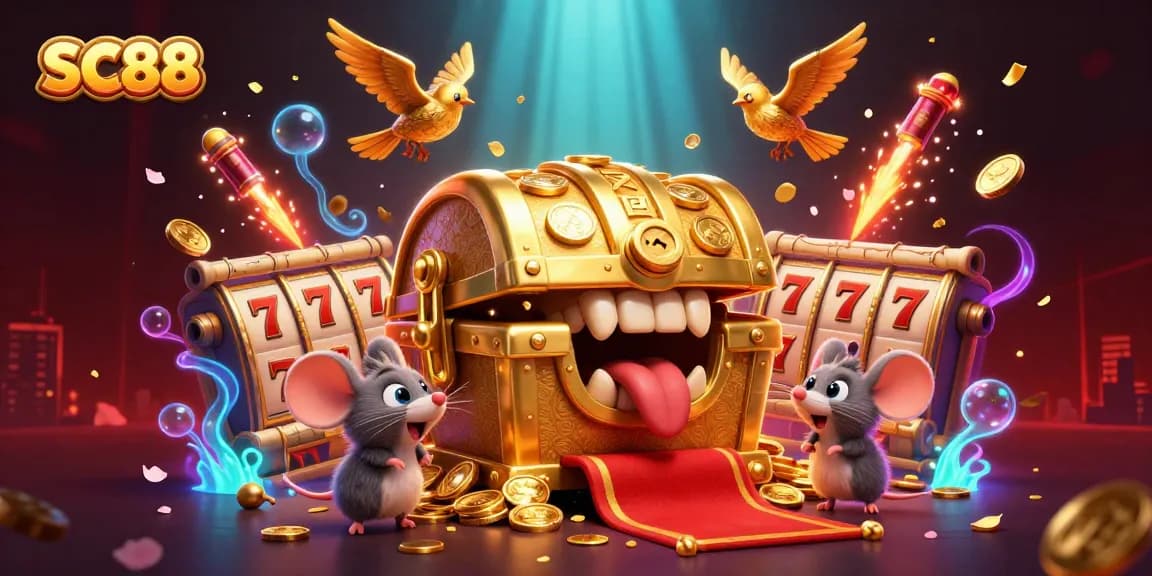 Experience the thrills of SC88 casino gaming with captivating visuals of slot reels and golden treasures.