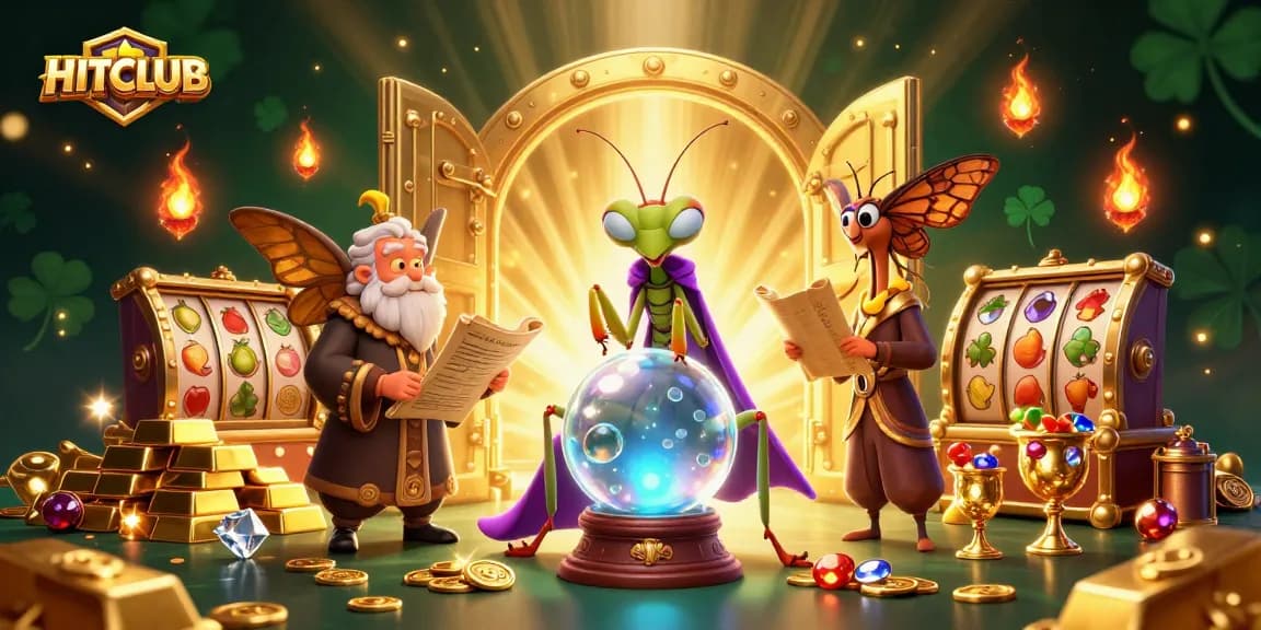 HITCLUB enchanting 3D scene showcases a fortune teller, moth librarian, and mystical gems amidst a thriving casino atmosphere.