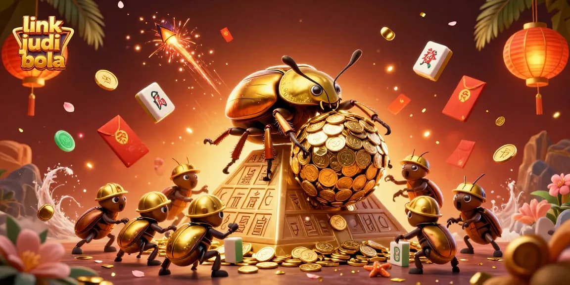 Bet on link judi bola with a dynamic scene of golden beetles and casino elements.