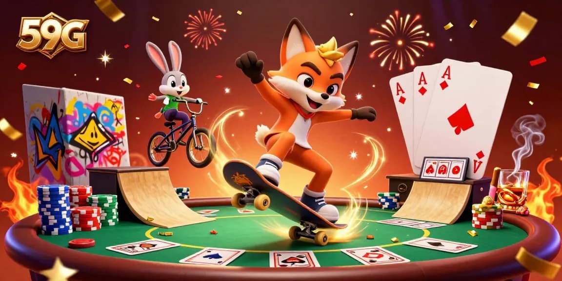 Experience the excitement of 59G with vibrant cartoon characters engaging in thrilling casino action.