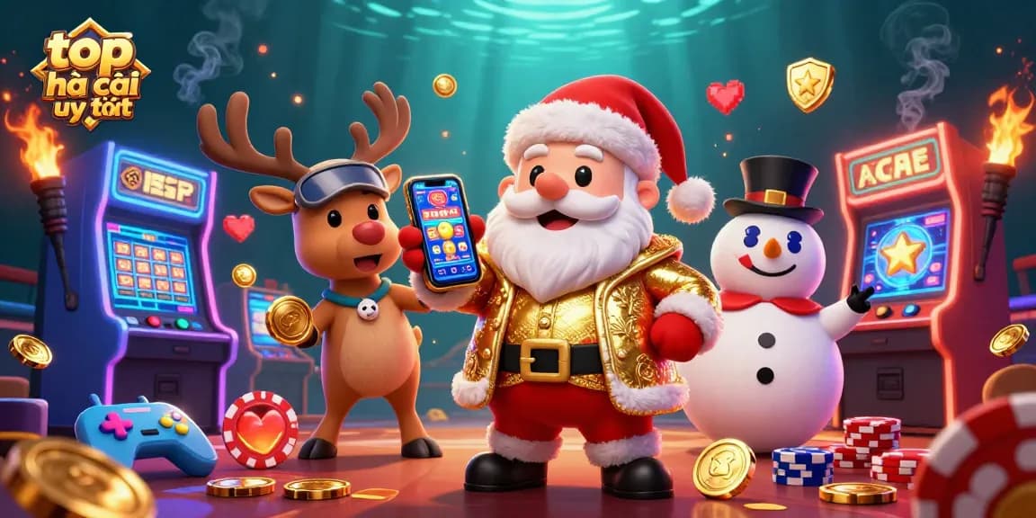 Experience top nhà cái uy tín with Santa Claus and friends winning at casino games in a colorful scene.