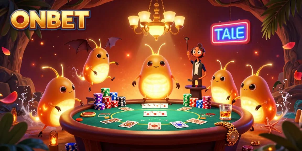 Experience the excitement of ONBET casino with glowworms, poker, and vibrant lighting in this engaging illustration.