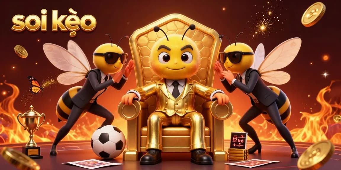 Spectacular scene depicting soi kèo sports betting dynamics with a cartoon bumblebee mob boss and vibrant betting elements.