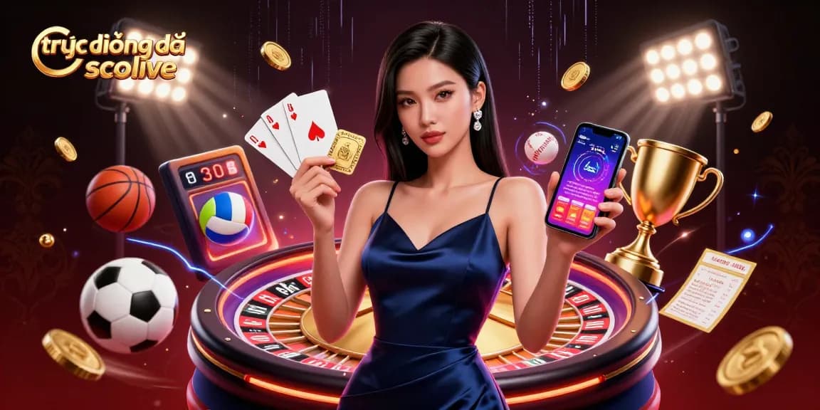 Experience trực tiếp bóng đá socolive with a photorealistic Asian woman showcasing casino app features and gaming elements.