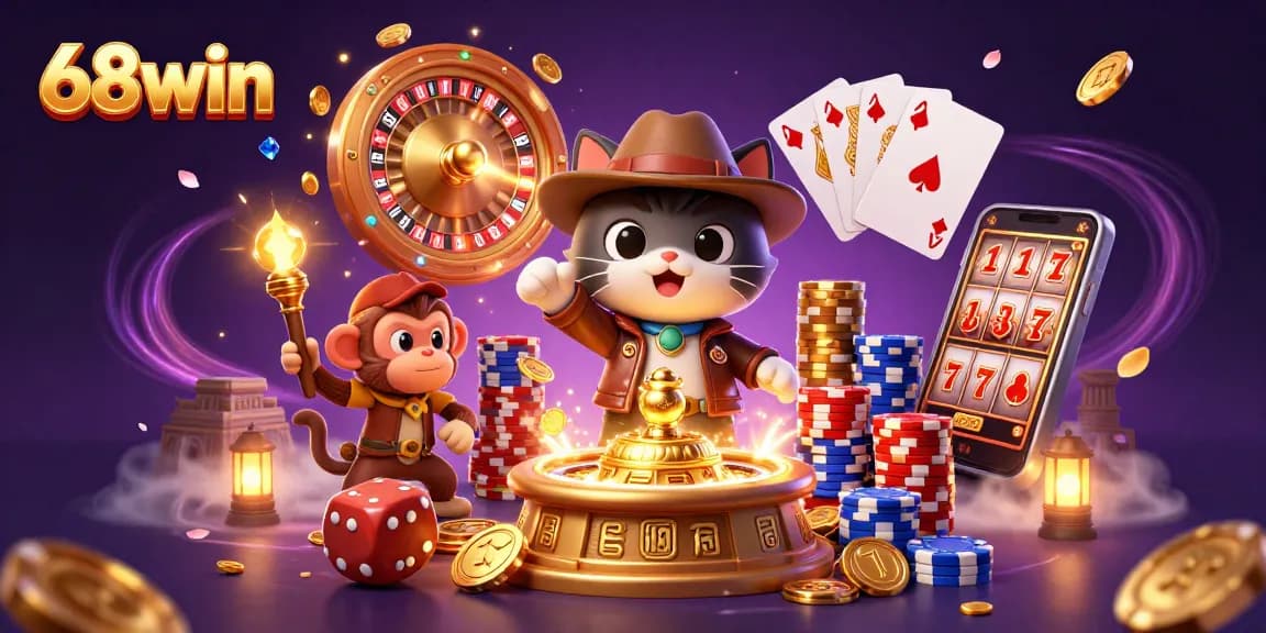 68win's dynamic illustration shows a cat archaeologist discovering golden casino treasures amidst casino elements.