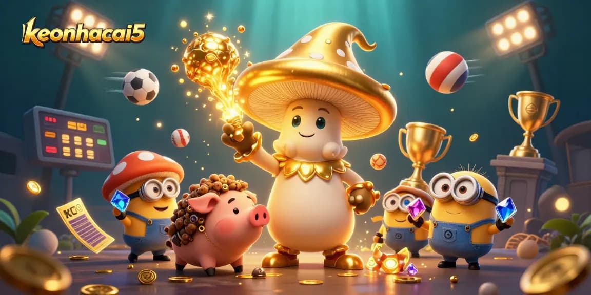 Join the excitement with keonhacai5 as the golden mushroom wizard conjures treasures in a vibrant casino scene.