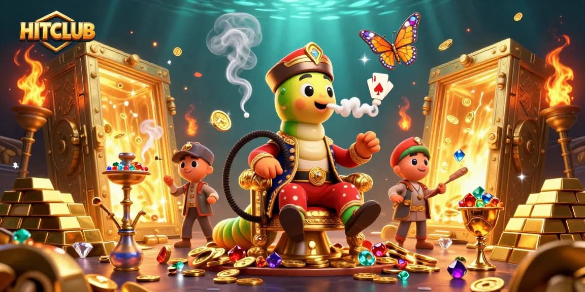 Engage in thrilling games at HITCLUB, where vibrant golden treasures and poker symbols create a captivating casino experience.