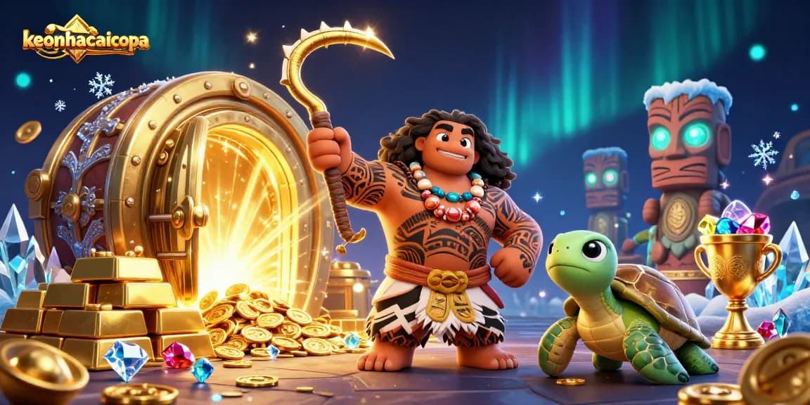 Engage in thrilling gaming action with keonhacaicopa's stunning 3D casino illustration featuring vibrant characters and gold treasures.