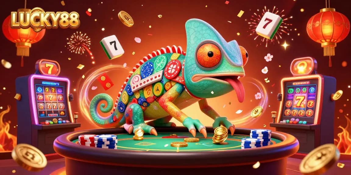 LUCKY88 captivates players with a vibrant casino atmosphere, featuring an animated chameleon owner amidst lucky symbols.