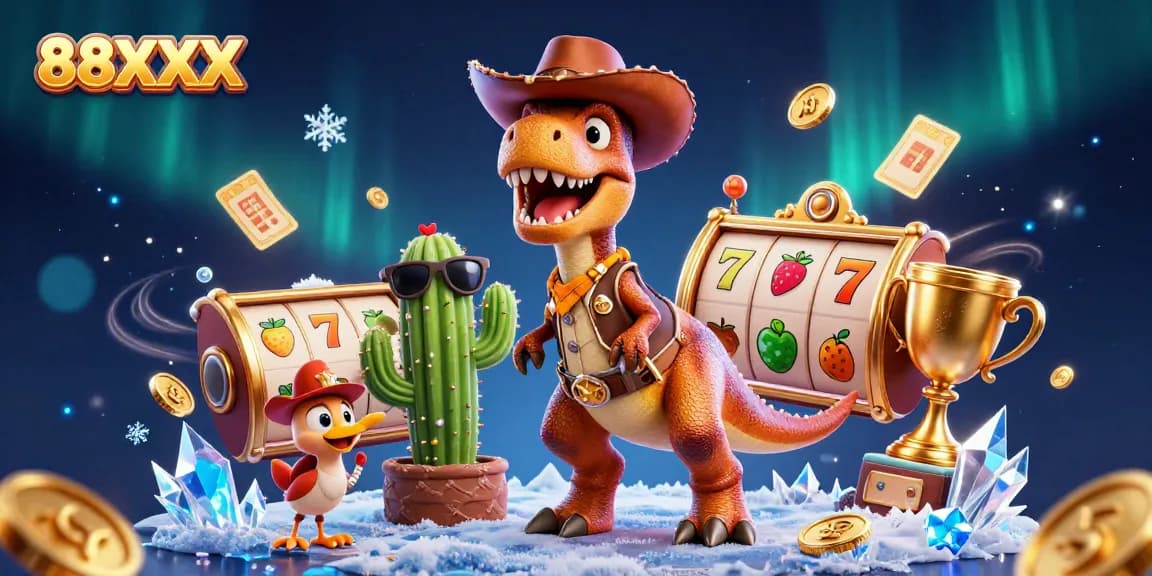 Experience the thrilling 88XX casino adventure with T-Rex, cactus and roadrunner characters amidst dynamic slot action.