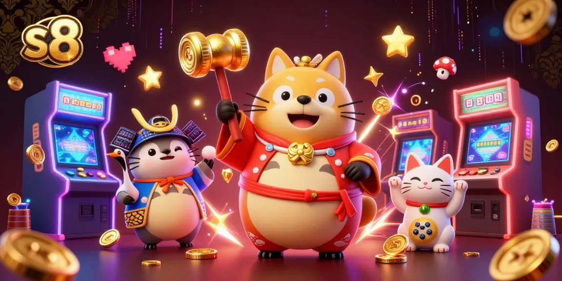 Experience thrilling gaming at S8 with cheerful tanuki and lucky cats in a vibrant casino scene.