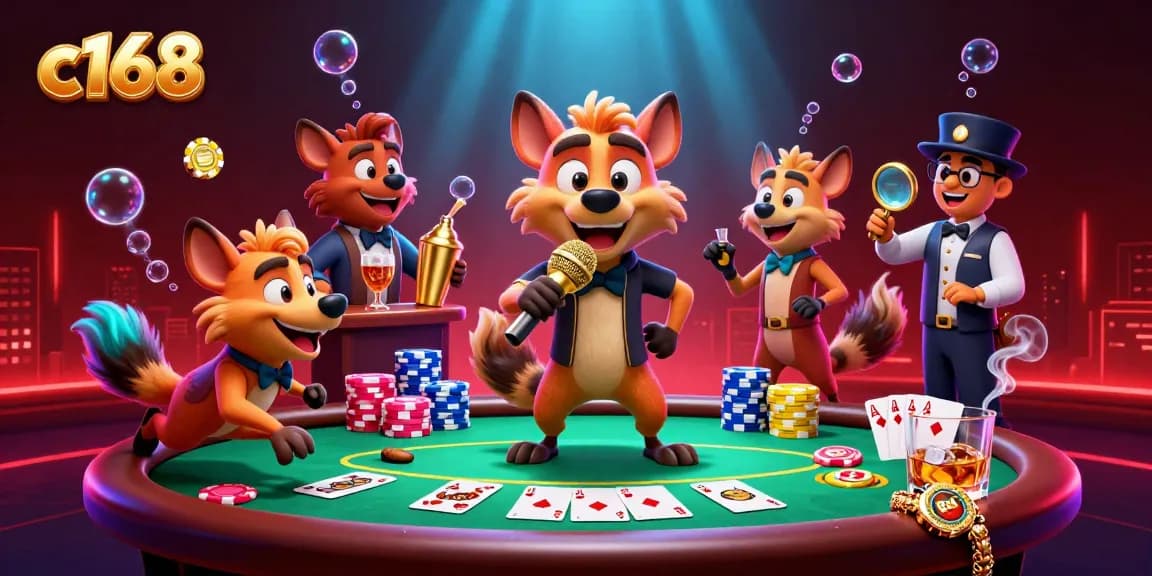 Experience excitement at c168's comedy casino with hyenas, poker chips, and vivid casino elements.