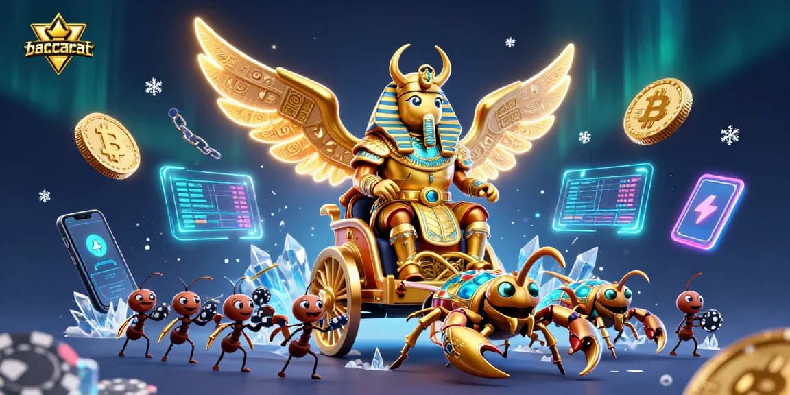 Engage with baccarat-gambling-online as a golden scarab beetle leads a casino-themed adventure, showcasing vibrant gaming elements!