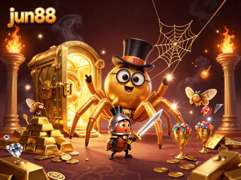 Experience excitement at jun88 with a thrilling scene showcasing a golden tarantula and knight in a vibrant casino atmosphere.