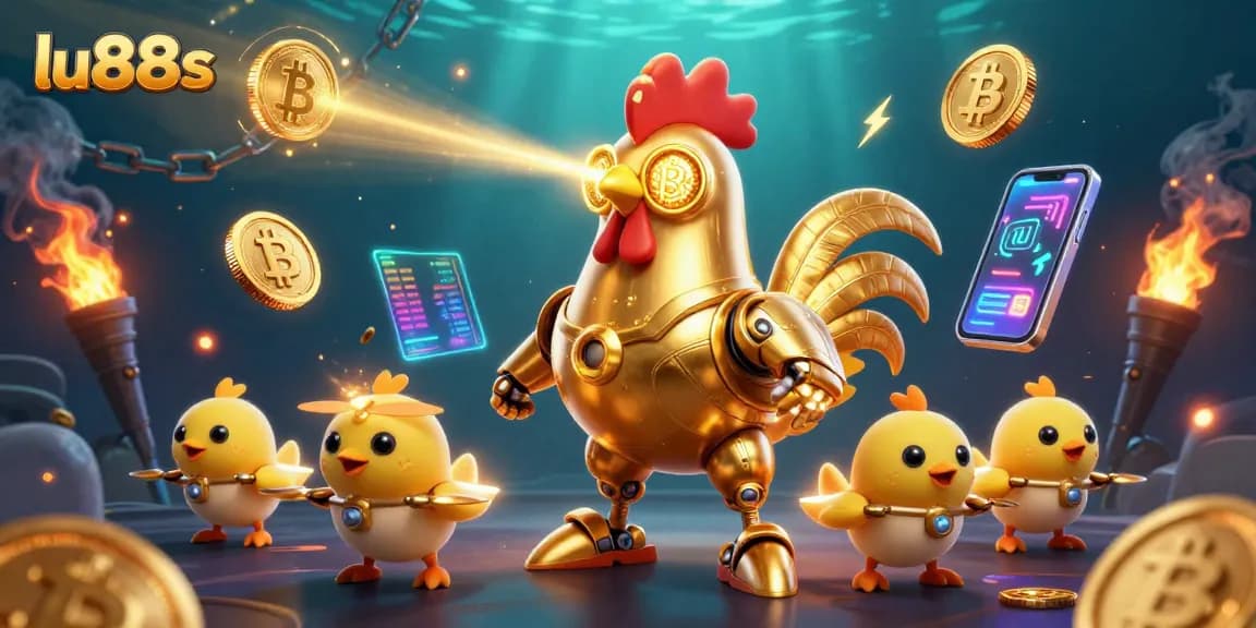 Experience exciting gameplay with lu88s, featuring the golden rooster robot and crypto elements.