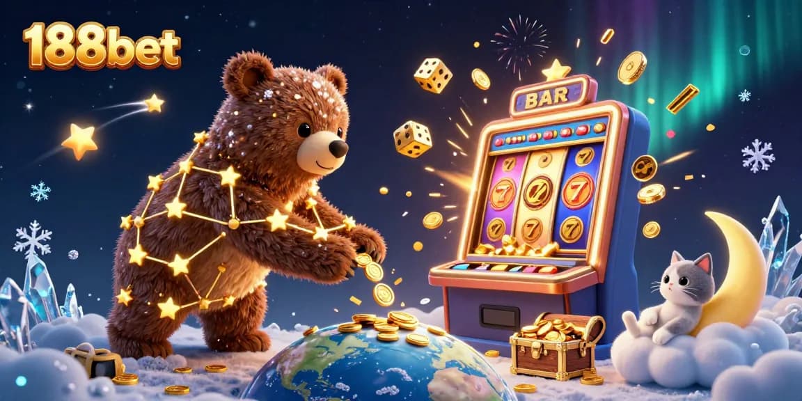 Experience excitement with 188bet as a constellation bear scoops coins from Earth, surrounded by vibrant casino elements.