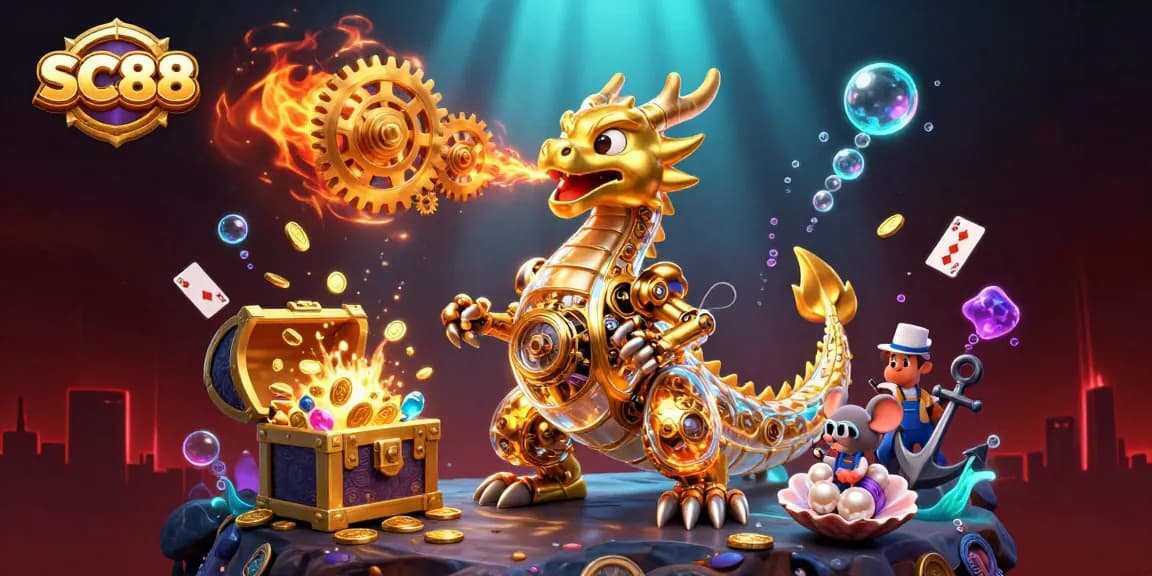 Engage in thrilling casino adventures with SC88 featuring a golden dragon amidst treasure.