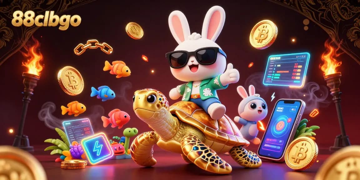 Engage with 88clbgo's vibrant casino world featuring a lucky rabbit and golden turtle amidst crypto elements.