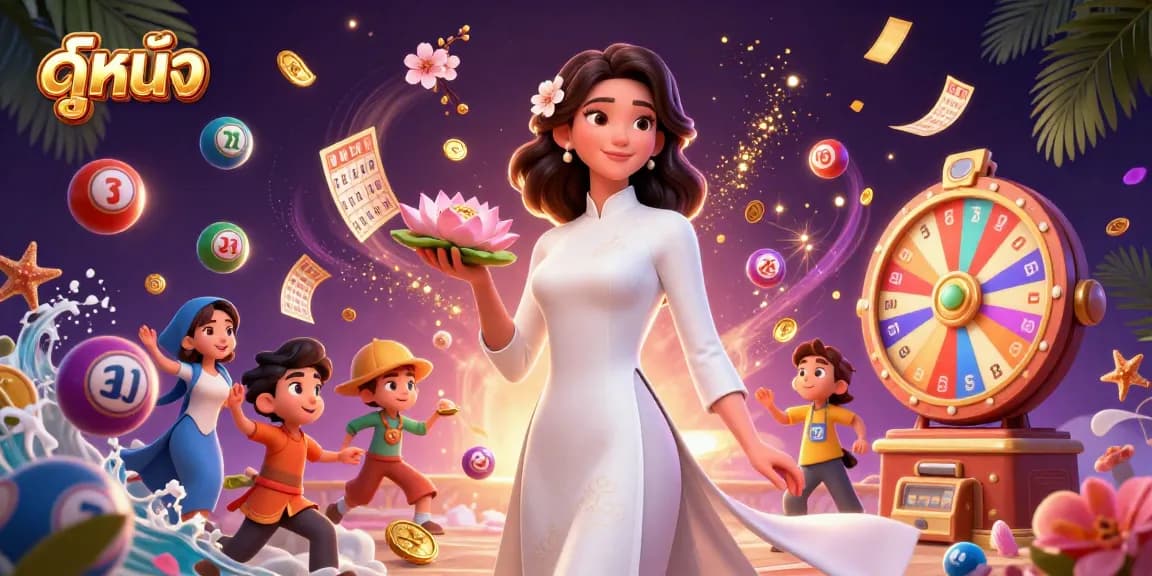 Watch ดูหนัง as an elegant woman holds a golden coin surrounded by vibrant gambling elements.