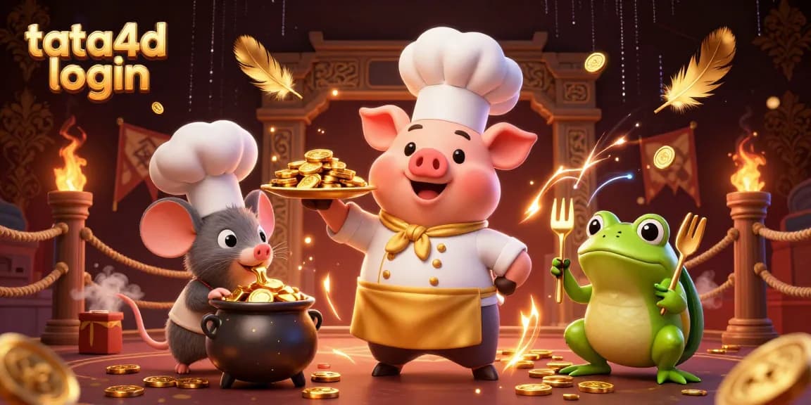 Tata4d login showcases a vibrant 3D scene with a chef pig, sous-chef mouse, and critic frog amidst dynamic gambling symbols.