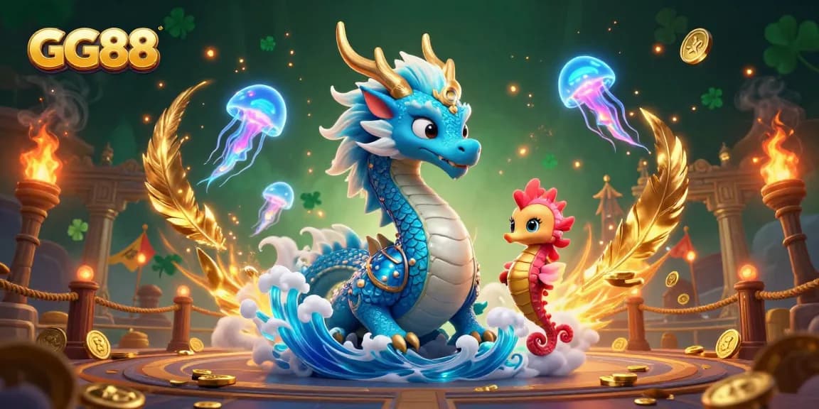 Engage with GG88's thrilling gaming realm featuring a dragon and seahorse knight.