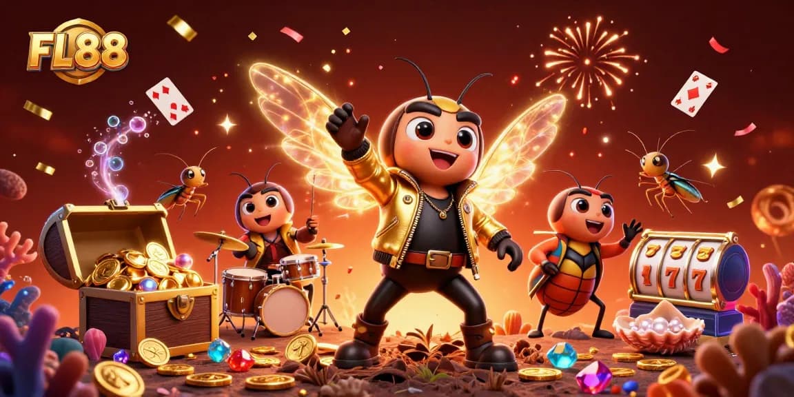 Engaging FL88 online casino scene with a rock star cicada and vibrant gaming elements.