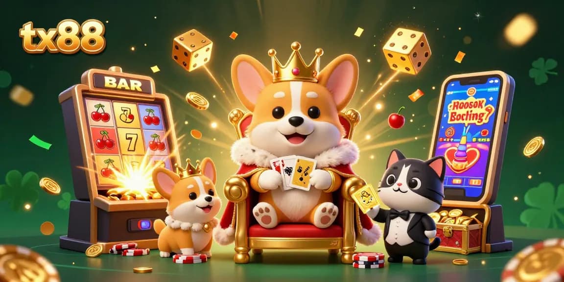 Spin to win at tx88 with a royal corgi on a poker chip throne amid jackpot symbols and golden treasures.