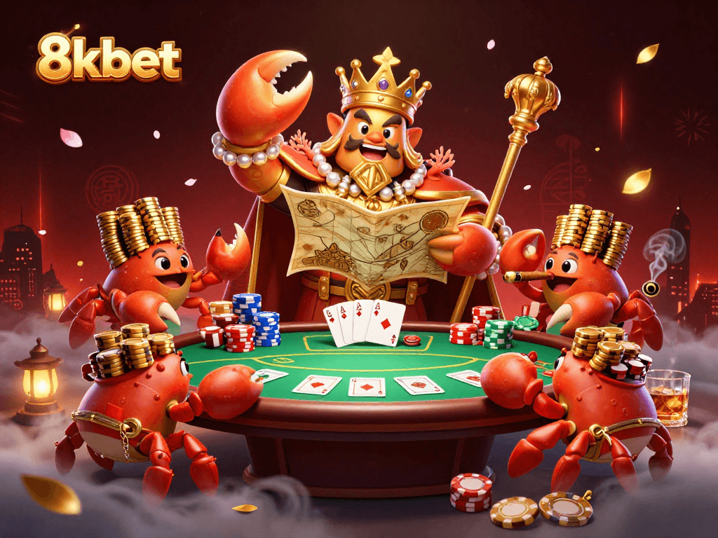 Play exciting games at 8kbet, featuring a vibrant scene with a golden crab emperor and poker elements.