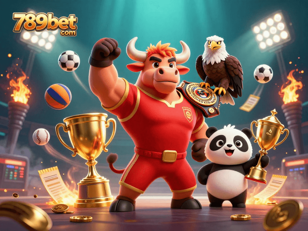 Win big with 789bet com in a vibrant scene of sports mascots celebrating victory with casino elements.