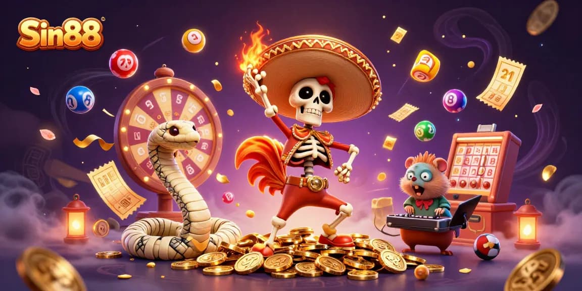Experience thrilling gaming excitement at Sin88 with engaging characters surrounded by vibrant prize elements.