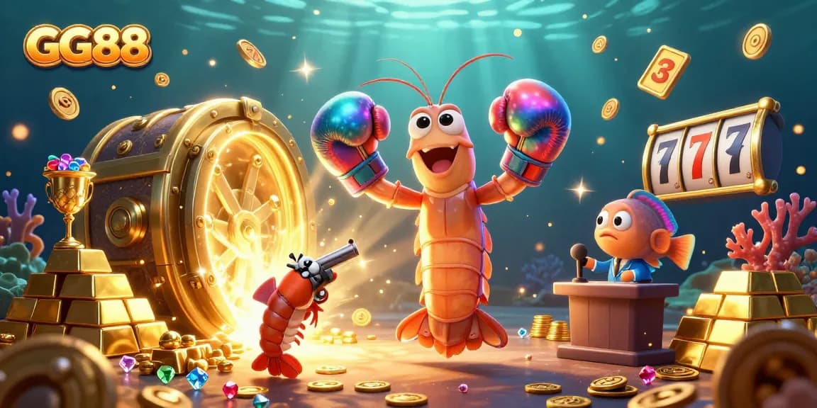 Experience GG88's vibrant casino atmosphere with animated underwater characters amidst dazzling jewels and jackpots.