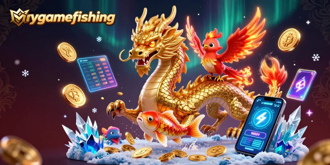 Spin and win with mygamefishing's energetic scene featuring a dragon, phoenix, and koi fish.