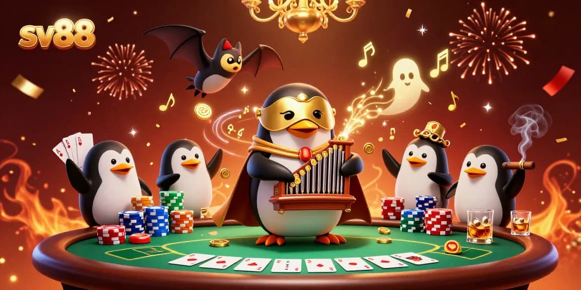 Engage with sv88 online casino action featuring a penguin organist amidst poker elements.