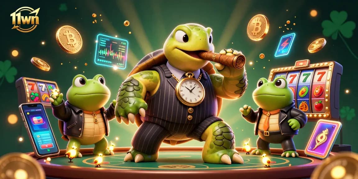 Engage with the 11wn casino world featuring a styled turtle in a mobster suit and crypto vibes.